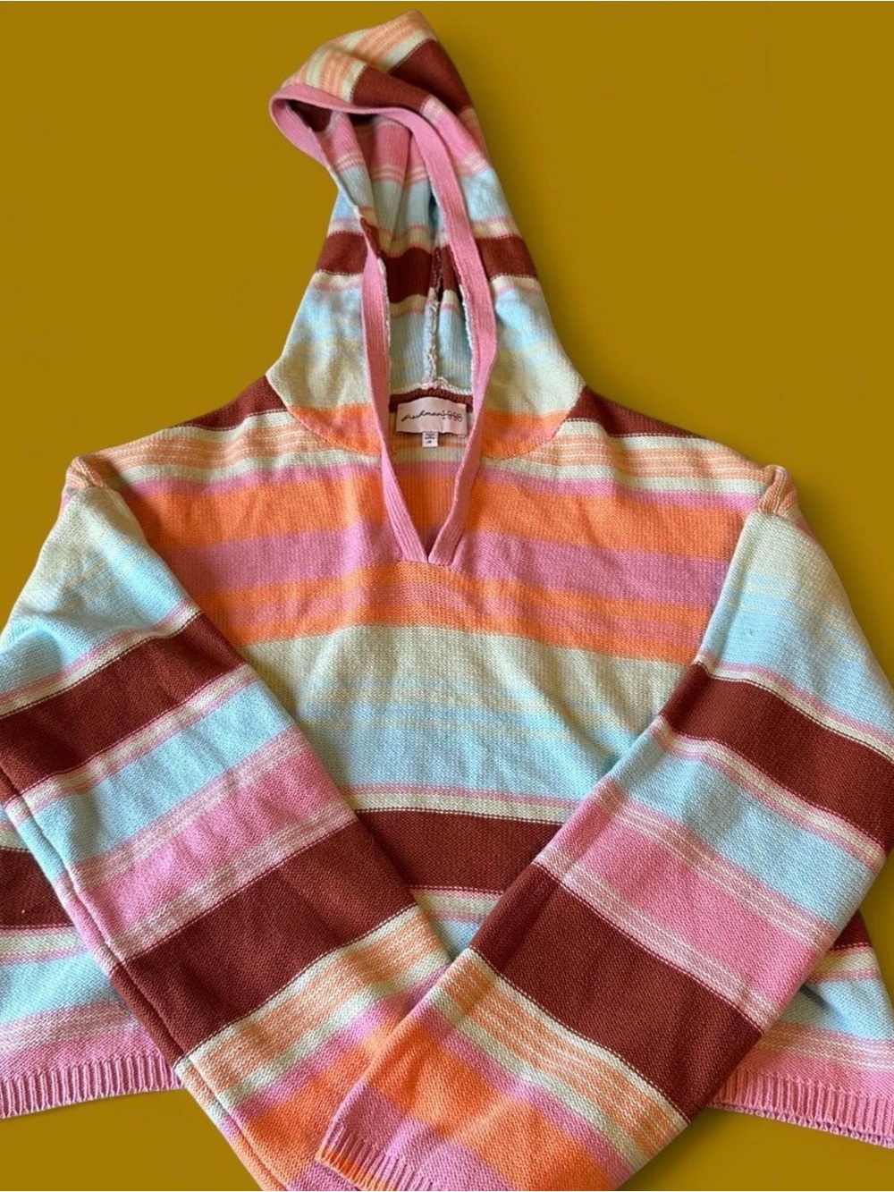 FRESHMAN Striped Hooded cropped Pullover Sweater - Multi Pink & Orange